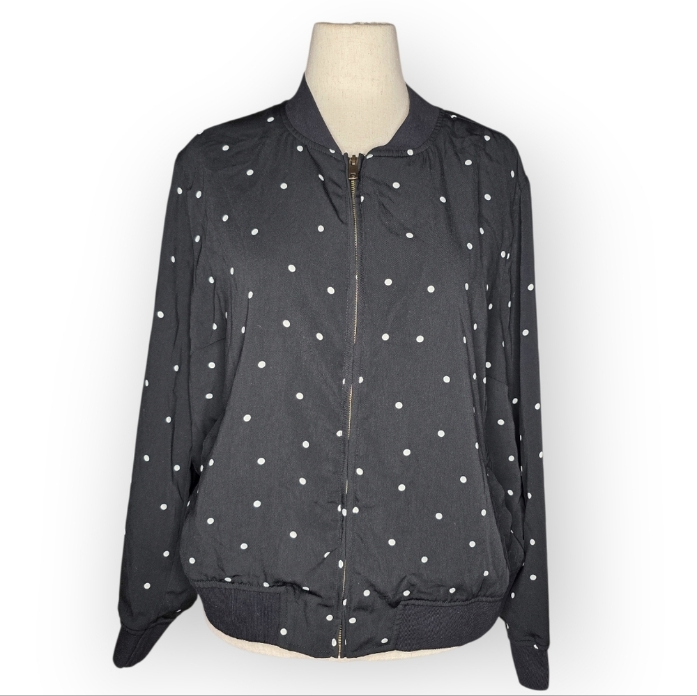 WHO WHAT WEAR Polka Dot Bomber Jacket Black White 2X Zip Front
